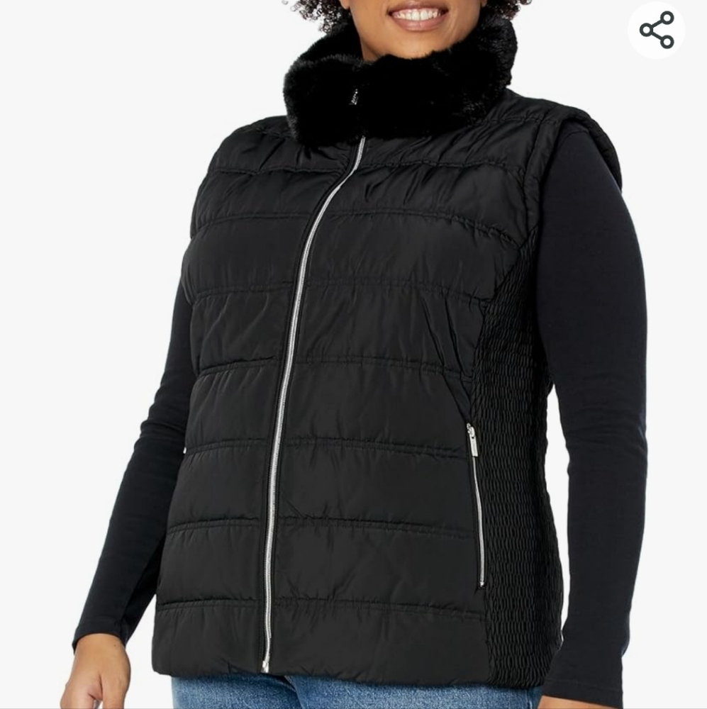 Calvin Klein Quilted Black Fur Collar Vest, Small - Picture 3 of 10